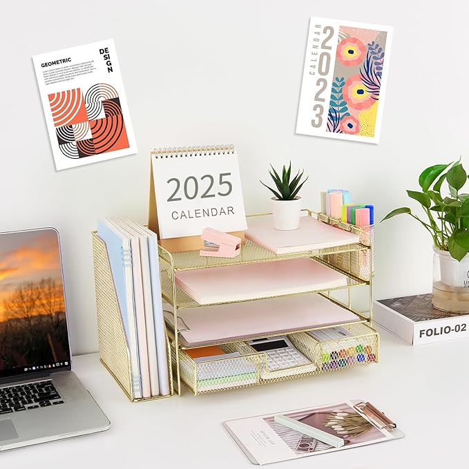 gianotter Desk Organizers and Accessories with File Holder, 4-Tier Desk Accessories & Workspace Organizers with Drawer and 2 Pen Holder, Paper Organizer for Office Supplies(Gold)