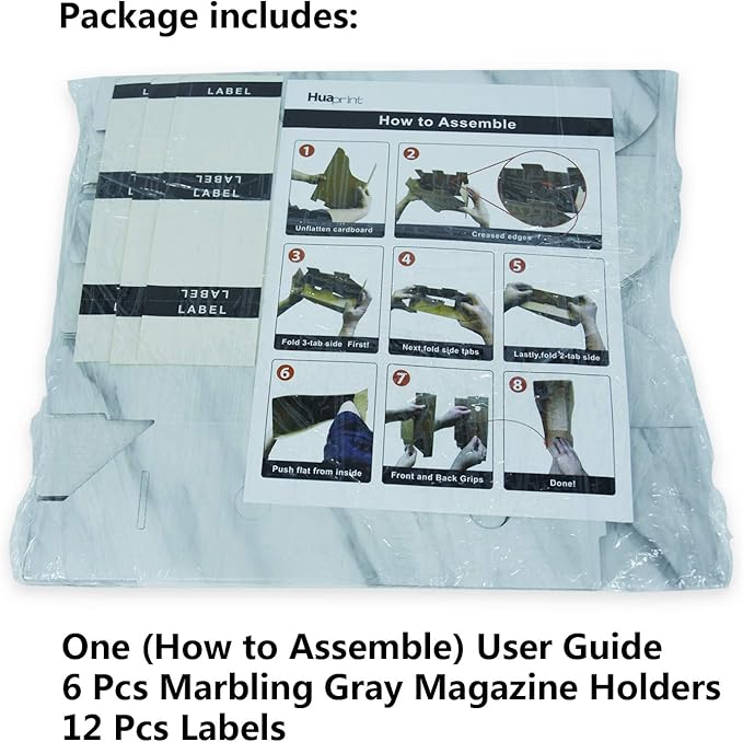 HUAPRINT Magazine Holder(6 Pack, Marbling Gray) Cardboard Magazine File Holder-Folder Holder,Magazine Organizer,Document Organizer,Magazine Storage Box,With Labels