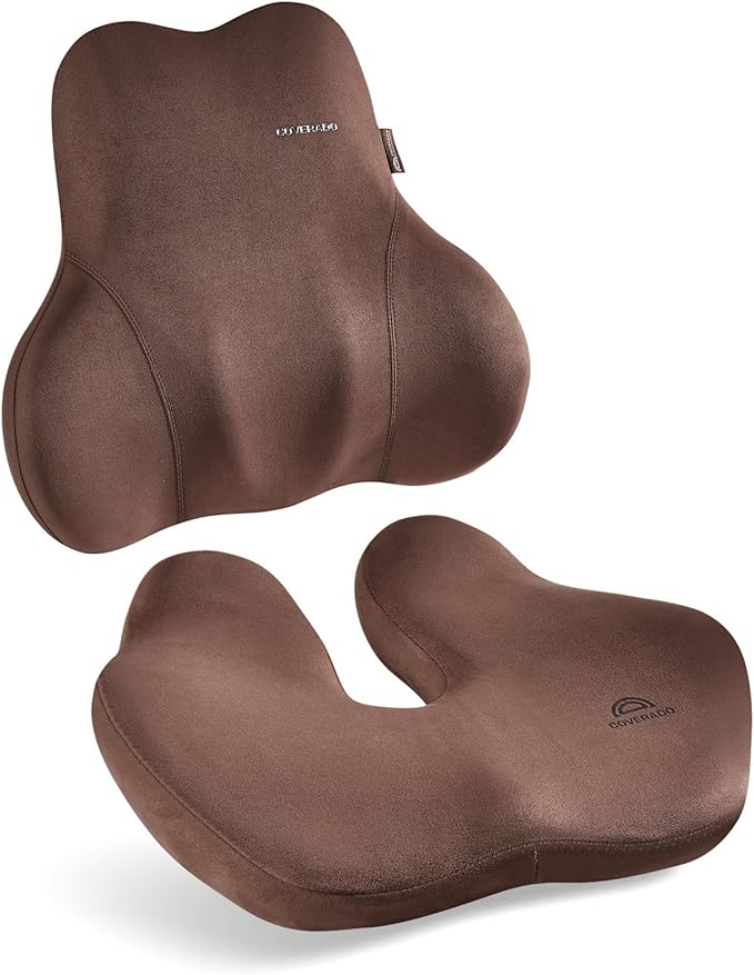 Coverado Memory Foam Car Seat Cushion and Lumbar Support Pillow for Car, Ergonomic Office Chair Cushion for Lower Back Pain Relief, Breathable & Non-Slip for Car, Home, and Office Use, Coffee