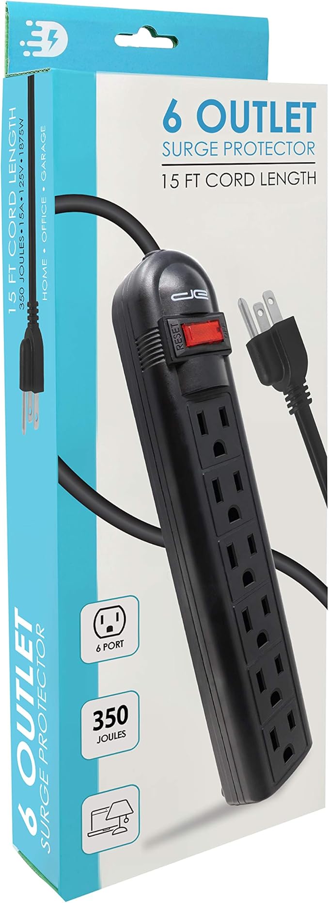 Digital Energy 6-Outlet Surge Protector Power Strip with 15-Ft Long Extension Cord, Black, ETL Listed/UL Standard