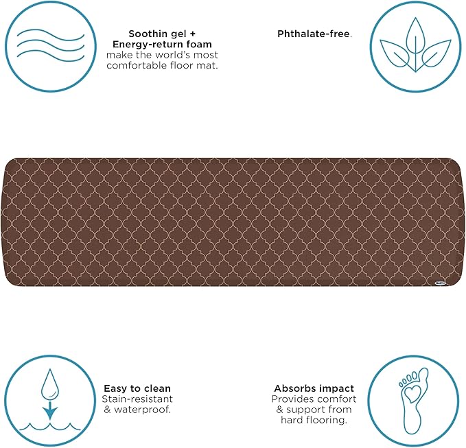 GelPro Trellis Walnut Elite Premier Anti-Fatigue Kitchen Comfort Floor Mat, 20x72 Stain Resistant Surface with Therapeutic Gel and Energy-return Foam for Health and Wellness, 20" x 72"