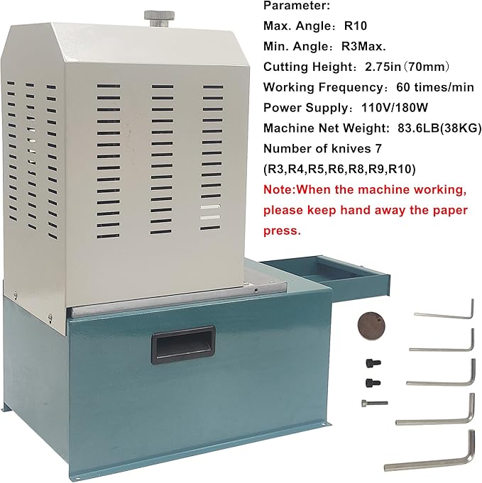 Electric Corner Rounder Desktop Paper Corner Rounding Cutter with Paper Drawer Foot Pedal Switch Semi-Automatic Book Fillet Cutter Machine Cutting Angle R3-R10 7PCS Cutting Dies 110V