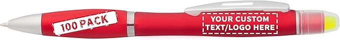 DISCOUNT PROMOS 100 Marathon Gel Highlighter Pens Pack - Customizable Text, Logo - Twist Mechanism, Ballpoint - Red