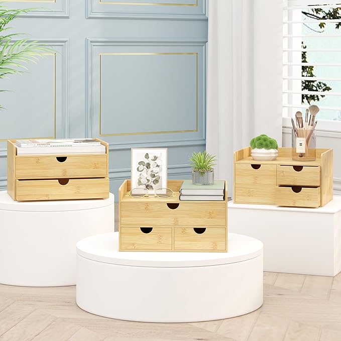 Desk Organizer With Drawers - Bamboo Wood Desktop Mail Organizer Storage Box for Office Home Bathroom Vanity Dresser Top, No Assembly Required (3 Drawer with Big Drawer)