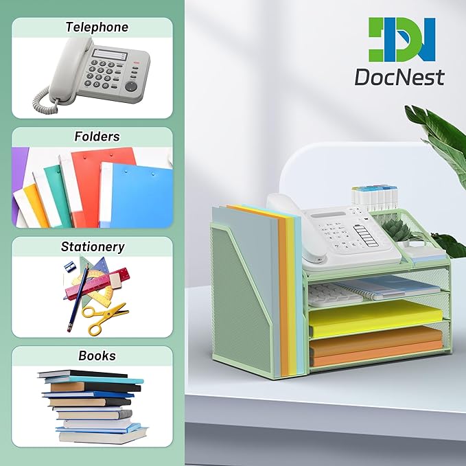 DocNest 4 Tier Paper Letter Tray File Organizer, Mesh Desk File with Handle, Workspace Desk Organizers with Pen Holder, Office Organization Storage Accessories - Green