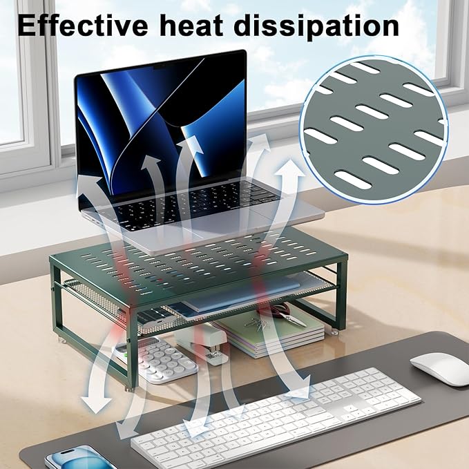 gianotter 2-Tier Metal Monitor Stand Riser, Desk Organizer for Monitor, Office Desk Storage Organizer for Office Supplies (Dark Green)