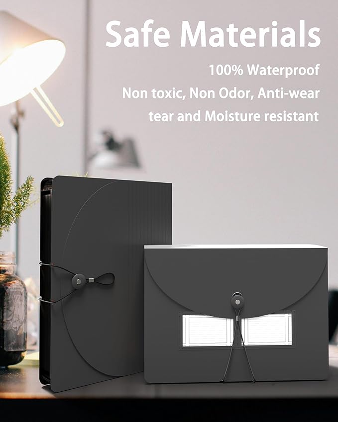 Expanding File Folder, 24 Pocket Accordion A4 Letter Size Portable Document Organizer with Colored Tabs, Expandable Bill Coupon Folder - Black