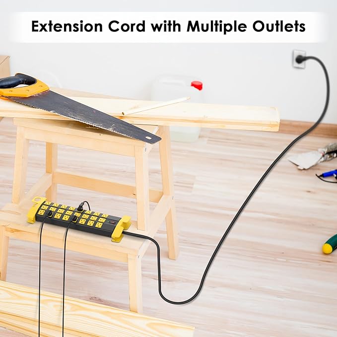 HHSOET Heavy Duty Power Strip with Surge Protection, Industrial Commercial Metal 24 Outlets Wall Mount for Garage Shop, 15 Amp, Switch, 6FT Extension Cord, Black.