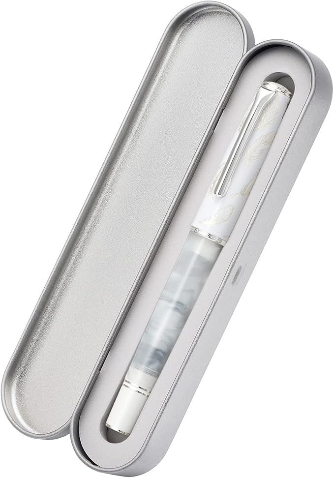 Hongdian N8 White Acrylic Resin Fountain Pen, Iridium Extra Fine Nib Silver Plated Feather Carving Cap Smooth Writing Pen with Converter and Metal Pen Box Set
