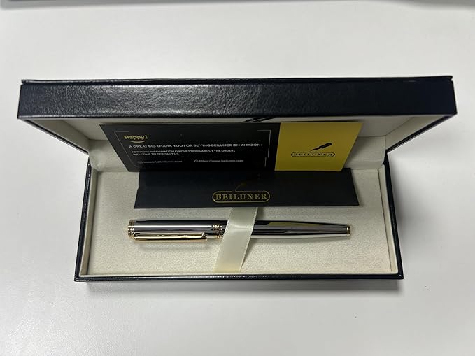 BEILUNER Silver Chrome Fountain Pen,Stunning Luxury Pens with 24K Gold Accents, Gorgeous 24K Gilded Nib(Fine), Ink Converter,Fancy Pen Gift for Men&Women-Elegant, Office, Reliable,Nice for Writing