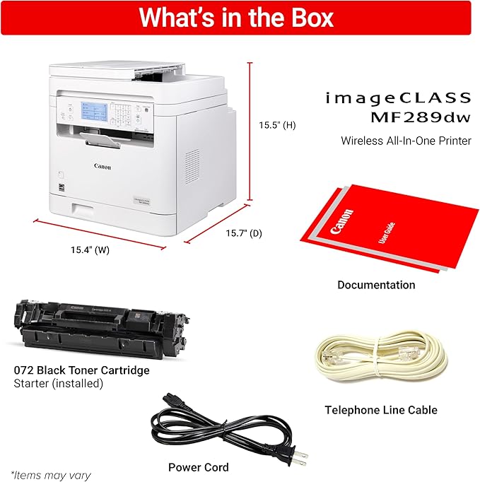 Canon imageCLASS MF289dw - Monochrome, Duplex, Wireless Laser Printer, All-in-One Print, Copy, Scan, Fax, Auto Document Feeder, 1 Year Limited Warranty, 35 PPM, White