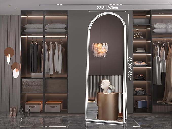 Hasipu 65" X 24" Full Length Mirror with Lights, White Frame Arch Led Mirror Full Length and 3 Colors Temperatures & Brightness Adjustable,Light Up Mirror Full Body for Bedroom Cloakroom Living Room