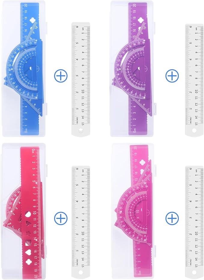 Honagu Triangular Ruler Set, 4+1Pieces Aluminum Alloy Ruler, Metal Drafting Ruler, Geometric Protractor for Students, School Office Supplies (Purple, 20cm)
