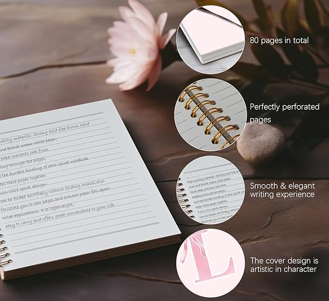 Coquette Trendy Preppy Pink Bow Spiral Notebook,Initial L Journal Personalized Teen Girl Gifts,Monogrammed Gifts for Women Teen Girl,College Ruled Hardcover Spiral Notebook 5.5 x 8.3