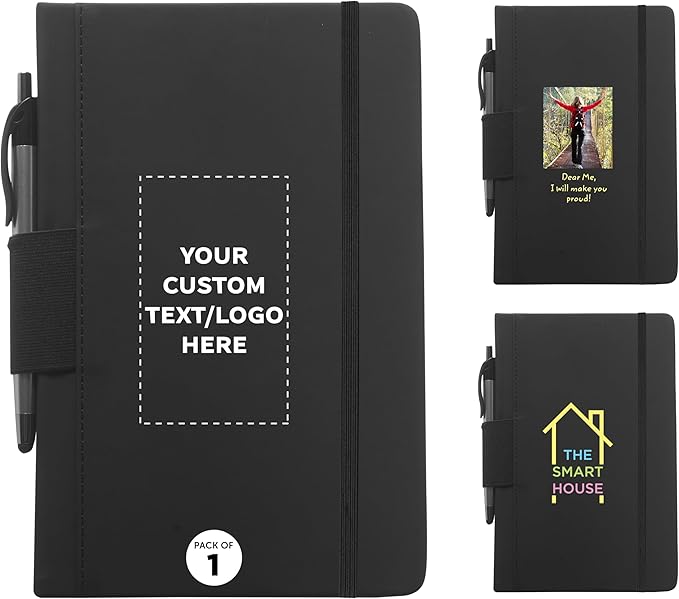 DISCOUNT PROMOS 1 Executive Notebook with Pen Pack - Customizable Text, Logo - 6 x 8.5 inches, Recycled, Pen Loop, Closure Strap - Black