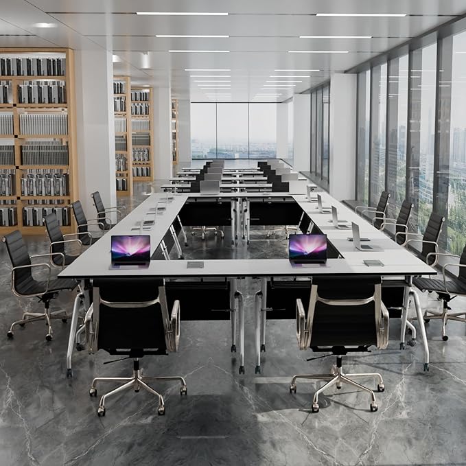 Conference Table, Folding Conference Room Tables, Mobile Training Tables with Silent Wheels, Large Rectangular Modular Seminar Table Office Computer Desks for Classroom White (4Pack L70.9in)