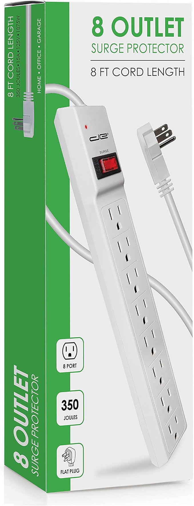 Digital Energy 8 Outlet Surge Protector Power Strip - 15 AMP, 1875 W, 125 V, 350 J Surge Protection, ETL Listed - Flat Plug, White, 8 FT