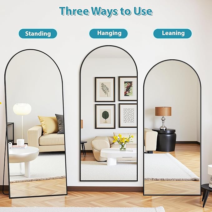 Full Length Mirror, 78"x38" Oversized Floor Mirror Freestanding, Full Body Mirror Floor Standing Mirrors with Stand, Hanging Mounted Mirrors for Bedroom Living Room, Black, Arched Style