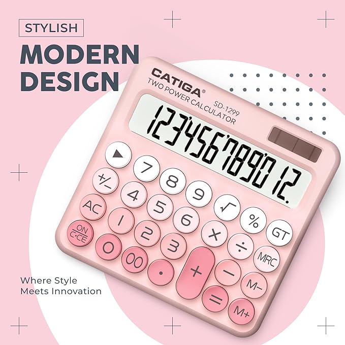 CATIGA Mechanical Switch Calculator with Solar and Battery Dual Power, 12-Digit Large LCD Display, Aesthetic and Cute Desktop Calculator with Big Button, for Home, School and Office Use, SD-1299