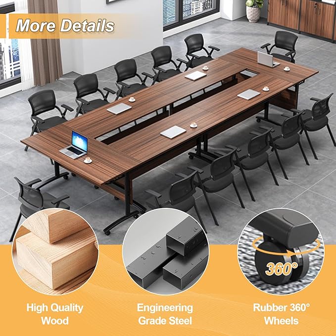 Conference Room Table with Silent Wheels, Mobile Folding Conference Table for 16 Person,Flip Top Office Training Tables with Walnuts Wood Tabletop, for School,Business Meeting Rooms (2 Pack 63in)