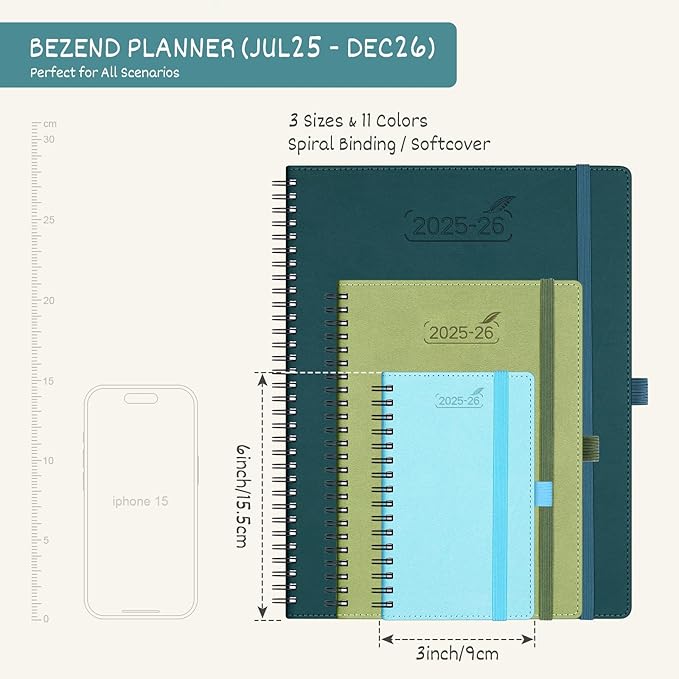 BEZEND Pocket Planner 2025-2026 Weekly and Monthly, 3.5" x 6" Academic Planner (Jul 25-Dec 26) 18-Month Mid-Year Calendar Book, Storage Pocket, Pen Holder, PU Leather Softcover, Spiral - Black