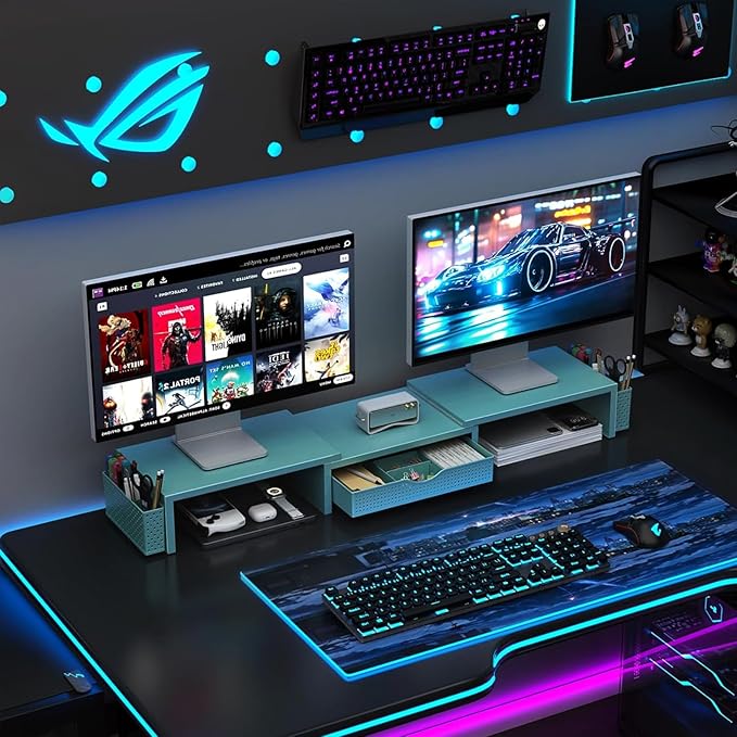 gianotter Dual Monitor Stand Riser, Desk Organizer With Drawer and 2 Pen Holders, Monitor Stand for Desk, Office Decor Essentials (Blue)