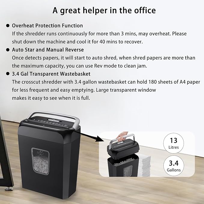 Bonsaii Paper Shredder for Home Office, 6-Sheet Cross-Cut, Shreds Paper, Credit Cards, Mail, Staples & Clips, 3.4-Gallon Clear Bin with Handle