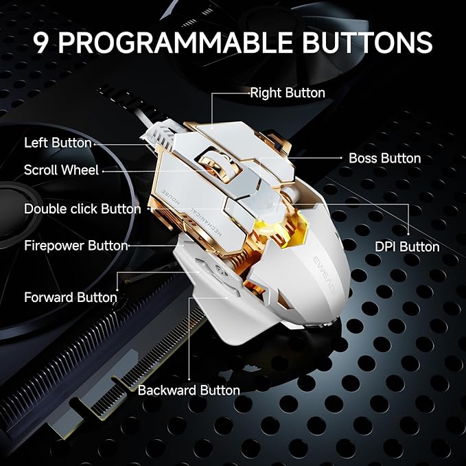 EWEADN G5 Wired Gaming Mouse, Ergonomic RGB Computer Mouse, 12800 Adjustable DPI, 9 Programmable Macro Buttons with Rapid Fire Key Compatible for PC/Laptop/Windows-White