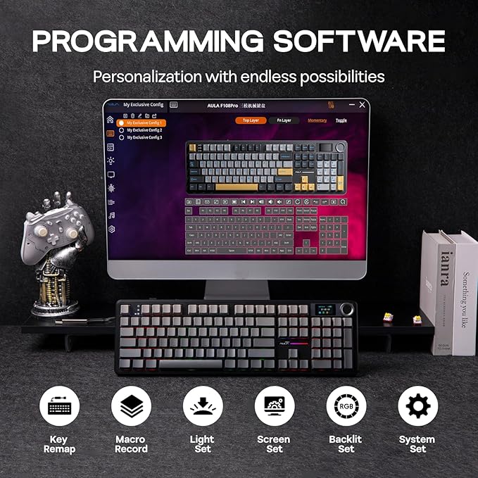 EPOMAKER X Aula F108 PRO Wireless Gaming Keyboard with Screen, 8000mAh Battery, 104 Hot-Swappable and Programmable Keys and Knob, RGB Backlight, for Mac/PC/Android (Black Gradient)