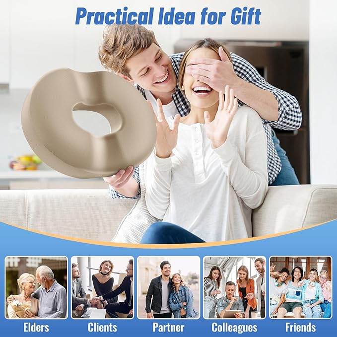 CloudBliss Donut Pillow Seat Cushion Chair Pad for Tailbone Pain Relief and Hemorrhoids, Memory Foam Seat Chair Cushion for Men and Women for Home & Office, (Khaki-XL)