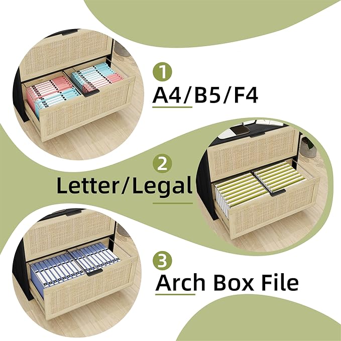 HOPUBUY 2 Drawer File Cabinet with Lock, Printer Stand Lateral Filing Cabinets for Home Office and School, Wood Rattan File Cabinet for Hanging Files/Letter/Legal/A4/F4 Size, Black