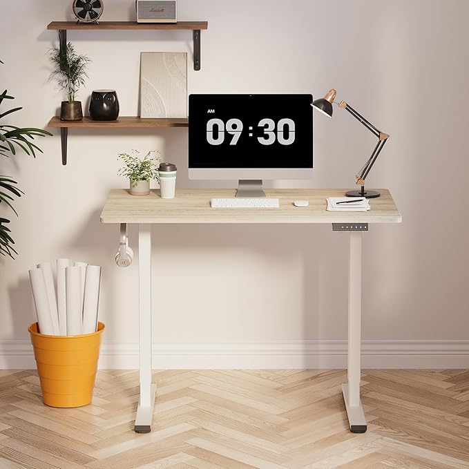 FLEXISPOT EN1 One-Piece Standing Desk, 40 x 24 Inches Electric Height Adjustable Desk for Home Office (White Frame + White Wood Grain Desktop)
