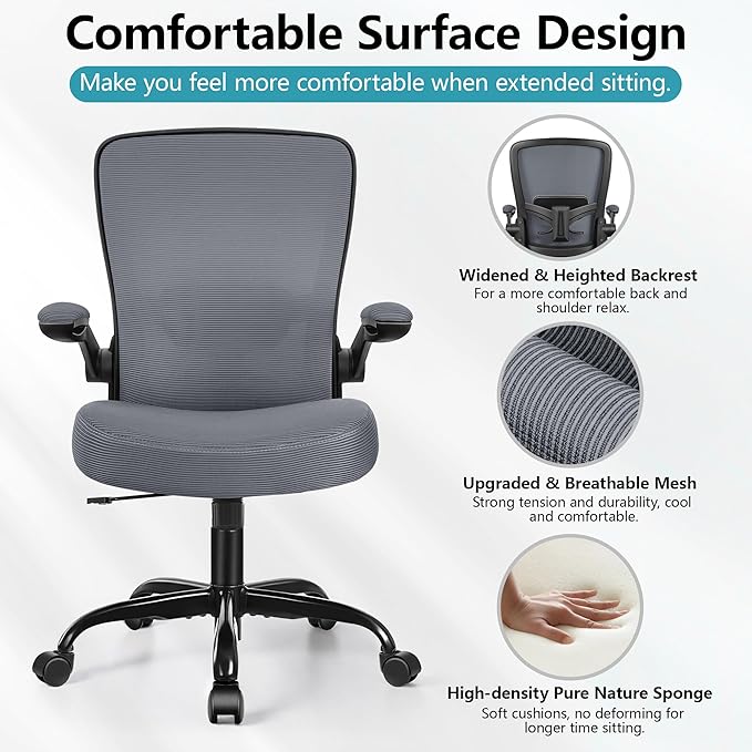 FelixKing Office Chair, Ergonomic Desk Chair Breathable Mesh Chairs with Adjustable High Back Lumbar Support Flip-up Armrests, Executive Swivel Comfy Task Computer Chairs for Home Office Dark Gray