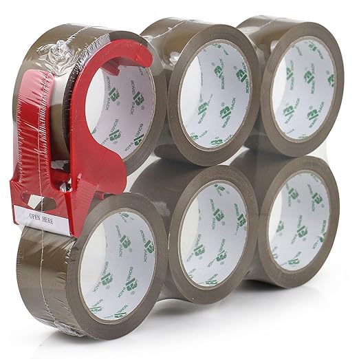 BOMEI PACK Brown Packing Tape with Dispenser, 2.6 Mil 1.88 Inch x 60 Yards, 6 Refills Rolls Moving Tape for Box Packaging, Shipping and Storage