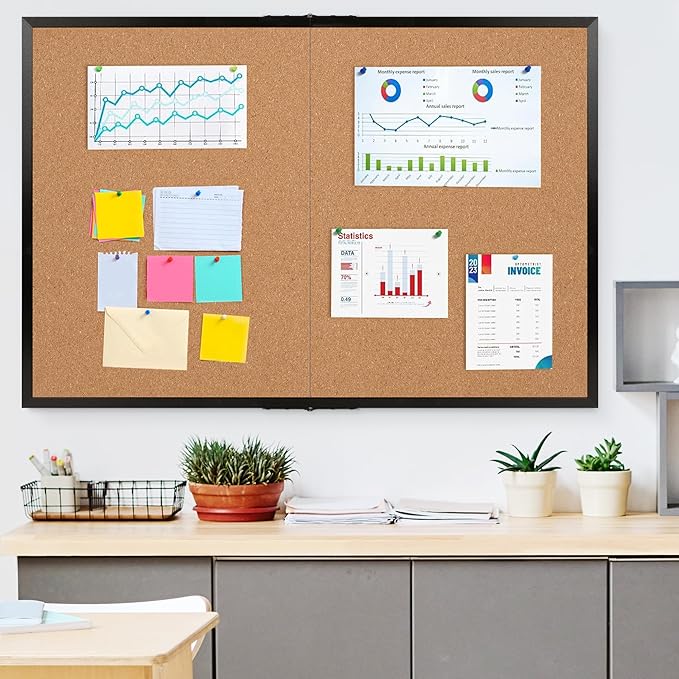 Board2by Extra Large Cork Bulletin Board 60" X 48", Foldable Notice Pin Board for Wall, Black Wood Framed 5'x4' Corkboard, Wall Mounted Noticeboard with 32 Push Pins for School, Home & Office