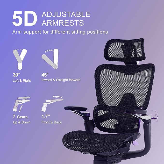 Ergonomic Office Chair, Mesh Home Office Desk Chair with Adjustable Lumbar Support, Big and Tall Gaming Chair with 4D Headrest, 5D Armrest,90-130°Tilt, BIFMA Certified, Model Zen (Purple)
