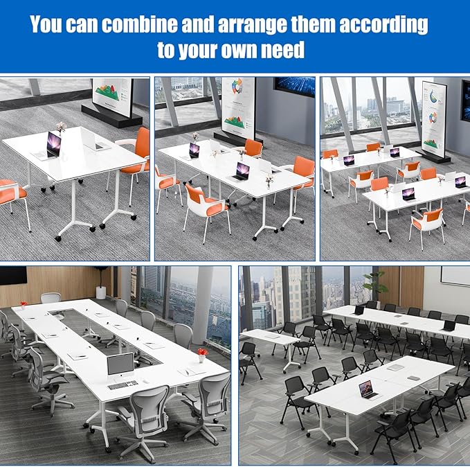 Conference Table, Folding Conference Desk Modern White, Seminar Table with Wheels, 2-10 People for Office, Meeting Break Room (6, 1915, 55IN)