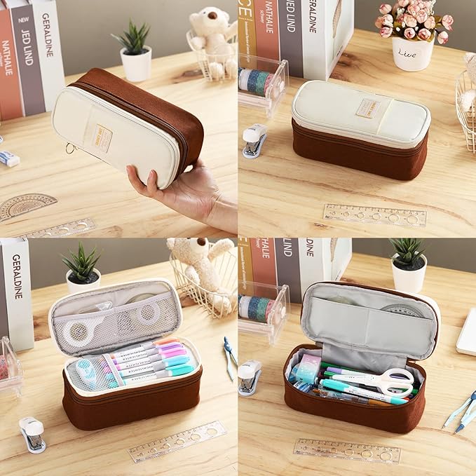 Big Pencil Case Large Capacity Pencil Bag with Zipper Pencil Pouch for Boys Girls Kids Adults Stationery Pencil Pen Case Organizer for School Office Brown1