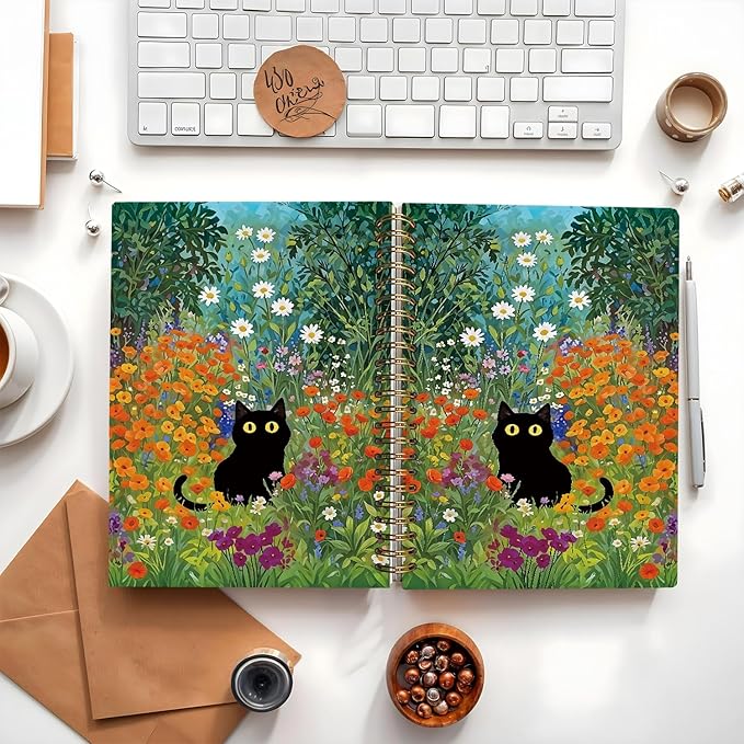 Cute Cat Notebook Journal, Cat Gifts for Girls, Cat Lover Gifts for Women Men, Funny Black Cats Floral Spiral Notebook, Cats Notepad for School Supplies 5.5x8.3 Inch