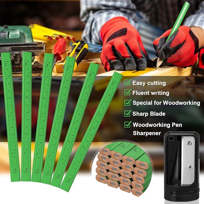 Honoson 200 Pcs Flat Construction Pencils with Printed Ruler Wood Graphite 2 Pcs Carpenter Pencil Sharpener for Woodworking Marking Tool(Green)