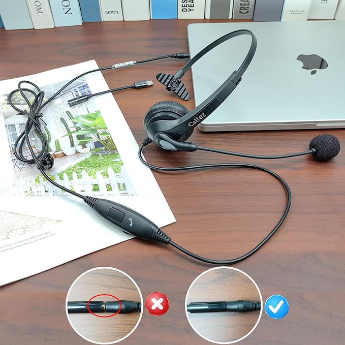 Callez Wired Computer Headset, 3.5mm Cell Phone Headset with Mic Noise Cancelling, USB-C Headphone for PC Laptop Mac iPhone Samsung Zoom Teams Call Center Home Office Work, in-line Controls