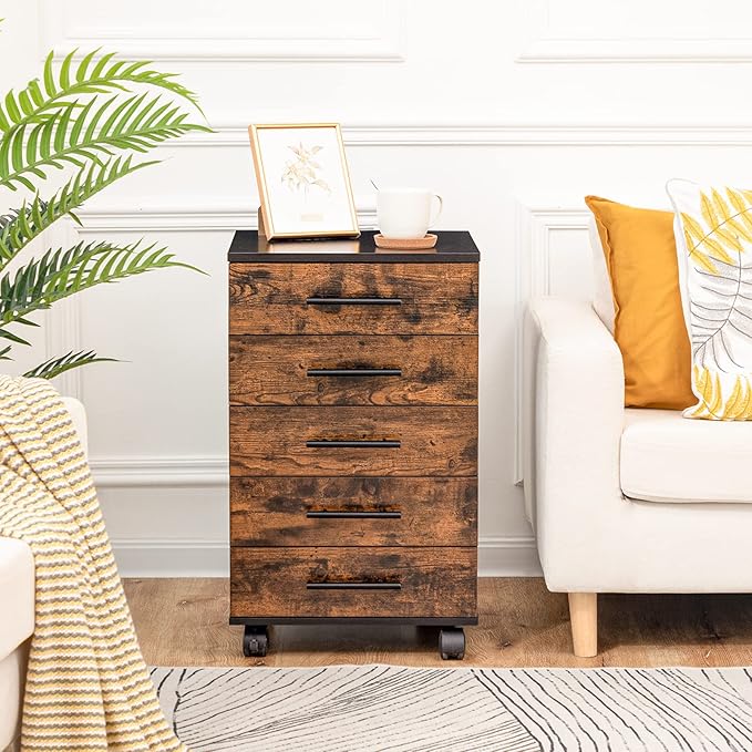 HOOBRO 5-Drawer File Cabinet, Office Filing Cabinet with Drawers, Wooden Mobile Storage Cabinet with Wheels, for Makeup, Home Office, Easy Assembly, Rustic Brown BF05WJ01G1