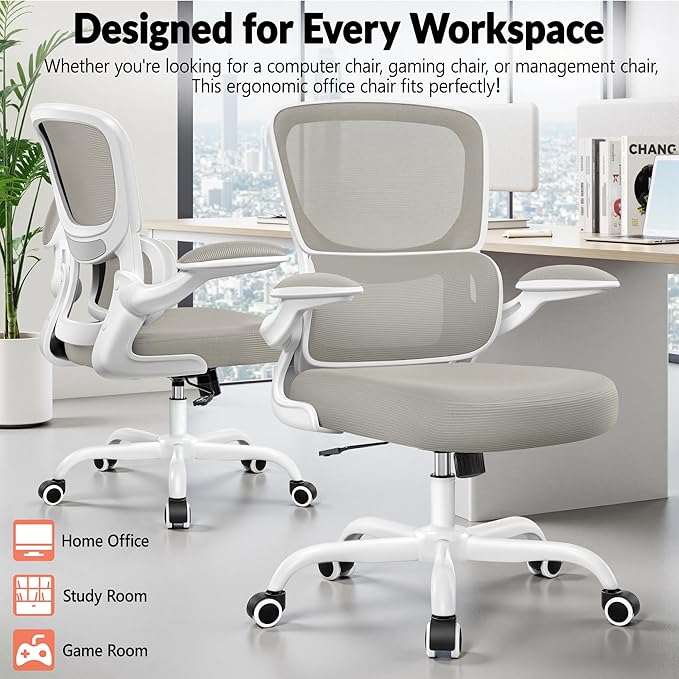Home Office Desk Chair, Ergonomic Office Chair with Lumbar Support and Adjustable Armrests, Rocking Office Chair, Breathable Mesh Mid Back Computer Chair, Modern Comfy Desk Chair