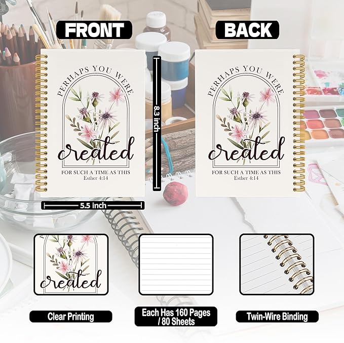 Floral Christian Spiral Notebook, Boho Bible Journaling Notebooks for Women Girls, Religious Hardcover Journals for Office 160 Pages 5.5 x 8.3 Inch, Scripture Gifts for Women Faith