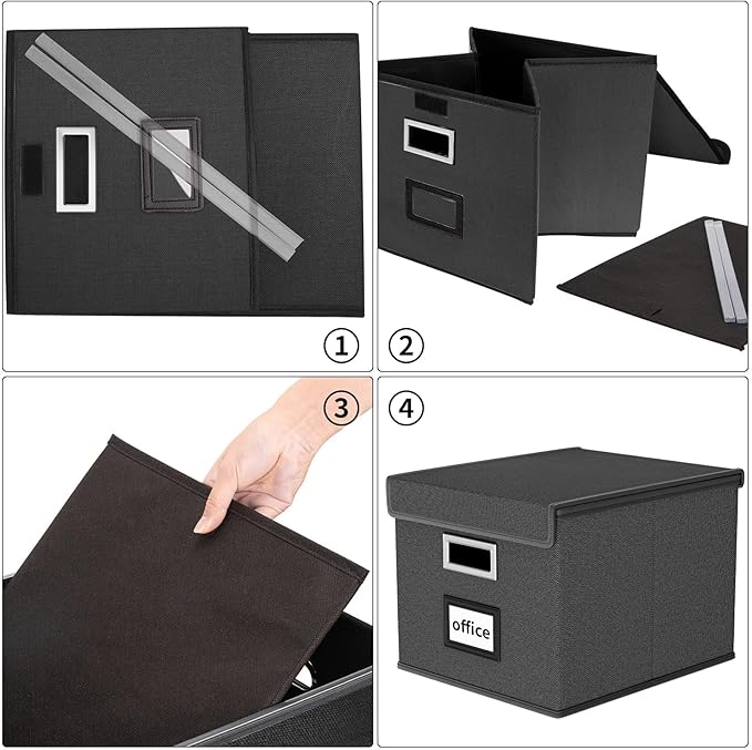 Huolewa Upgraded Portable File Organizer Box, Large Linen Hanging Office Document Storage Box with Lid - Black, Collapsible Filing & Storage Boxes for Office/Decor/Home - 14.9 x 12.59 x 10.8 inch