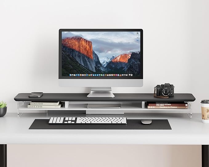 Fenge Acrylic Monitor Stand Riser, 42.5 Inches Dual Monitor Stand with Metal Storage, 2 Tier Acrylic Computer Riser for Desk, Clear Laptop Stand for PC, Laptop, Printer, TV, Black