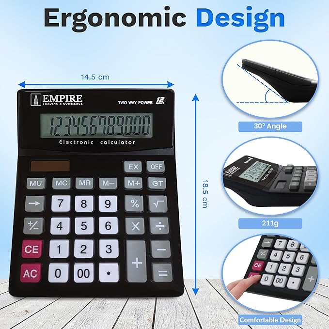 Empire Desk Calculator with Large Key Buttons, 12 Digits, Large Eye-Angled Display, Solar and Battery Powered for Home and Office (Battery Included)
