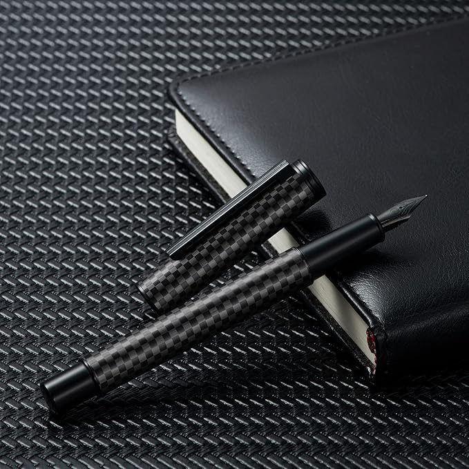 Hongdian Carbon Fiber Fountain Pen Fine Point, Slim Style with Converter and Metal Pen Case, The Light of Hope Serise