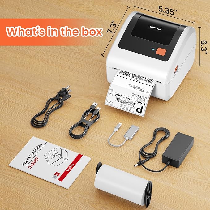 Bluetooth Thermal Shipping Label Printer - D450BT Thermal Label Printer 4x6 for Small Business & Shipping Packages, Compatible with iPhone, Android, iPad, Windows, macOS, Chrome, USPS, Amazon