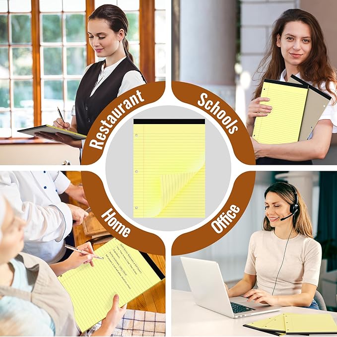 HAUTOCO 8.5 x 11 Legal Pads 6 Pack Yellow Wide Ruled Lined Writing Note Pads Perforated Notepad, 30 Sheets Per Notepad, 3-Hole Punched Paper for School, Office